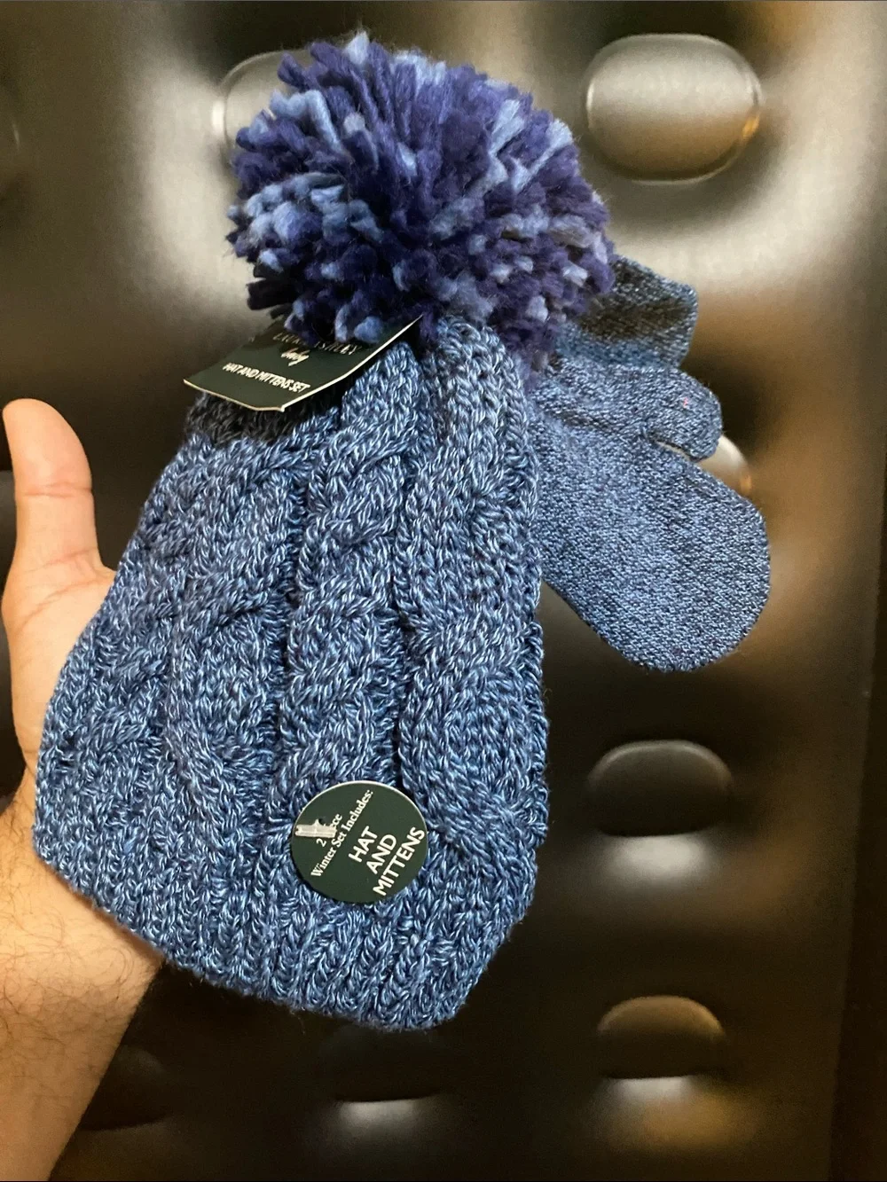 Laura Ashley Blue Cable Knit Pom Hat with Matching Mittens - Kids